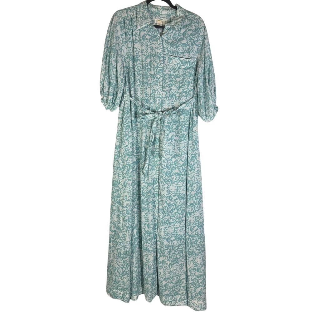 Maeve Anthropologie Womens L Linen Blend Aqua Floral Maxi Shirt Dress Belted